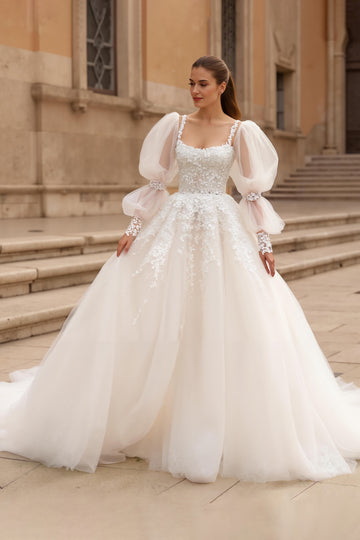 Ivory Fairytale Long Sleeve Bridal Gown Dress With Appliques